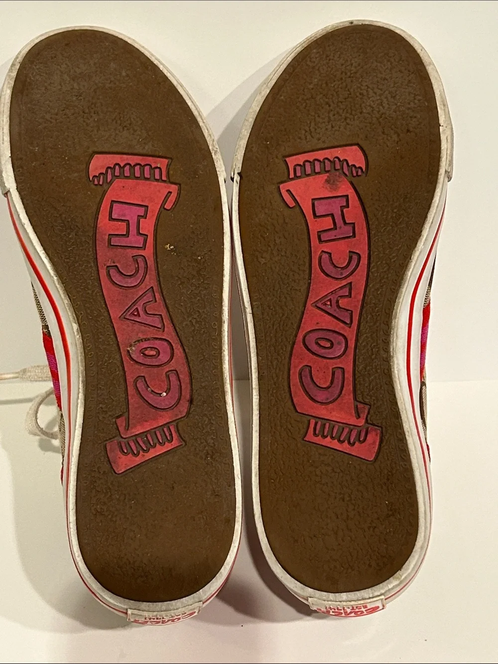 Coach Brown Signature Sneakers with Red Patent Leather Accents Pink Red Ribbon